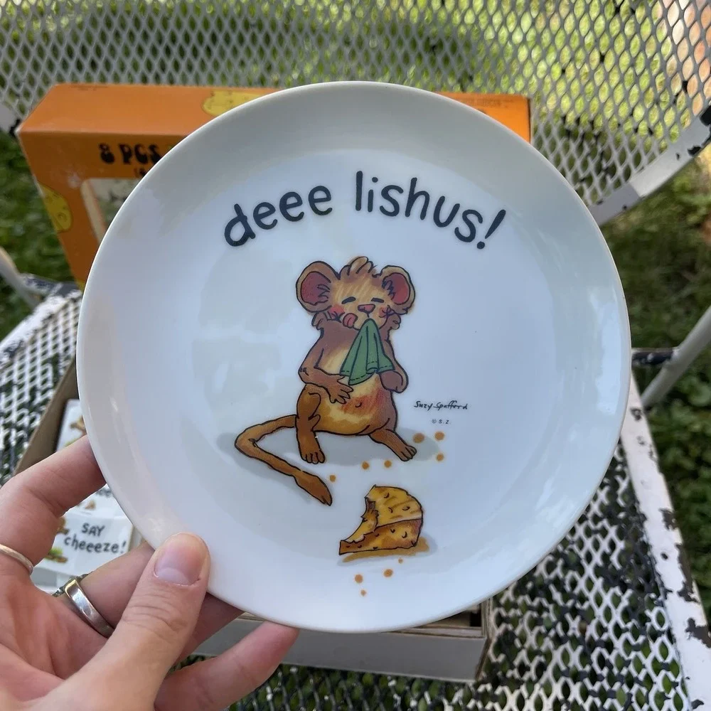 Vintage Enesco Suzy's Zoo Set of 4 cheese‎ plates & picks 1976 Anthropomorphic